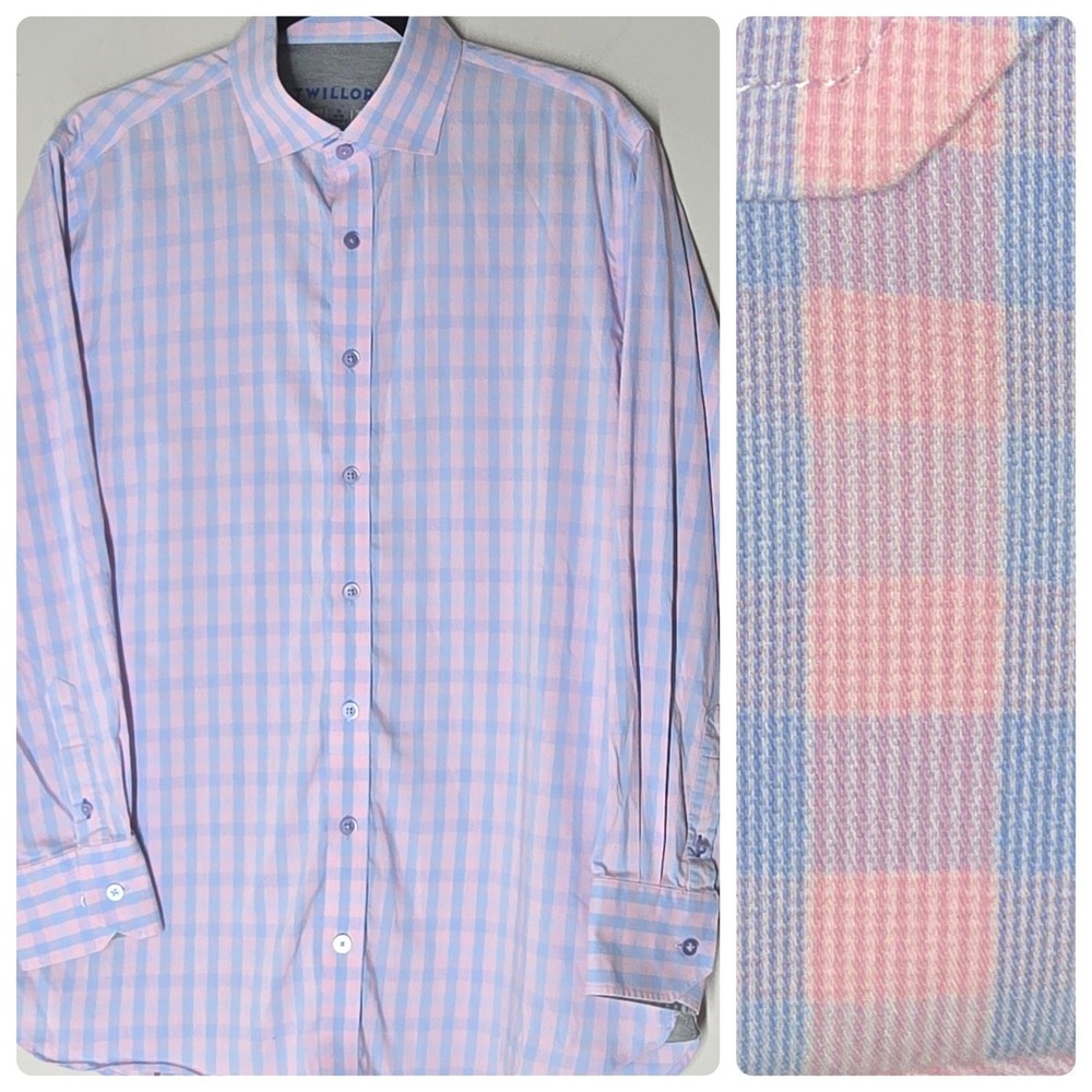 Twillory‎ Performance Dress Shirt Pink Blue Plaid Tailored Fit Button Up Mens 16